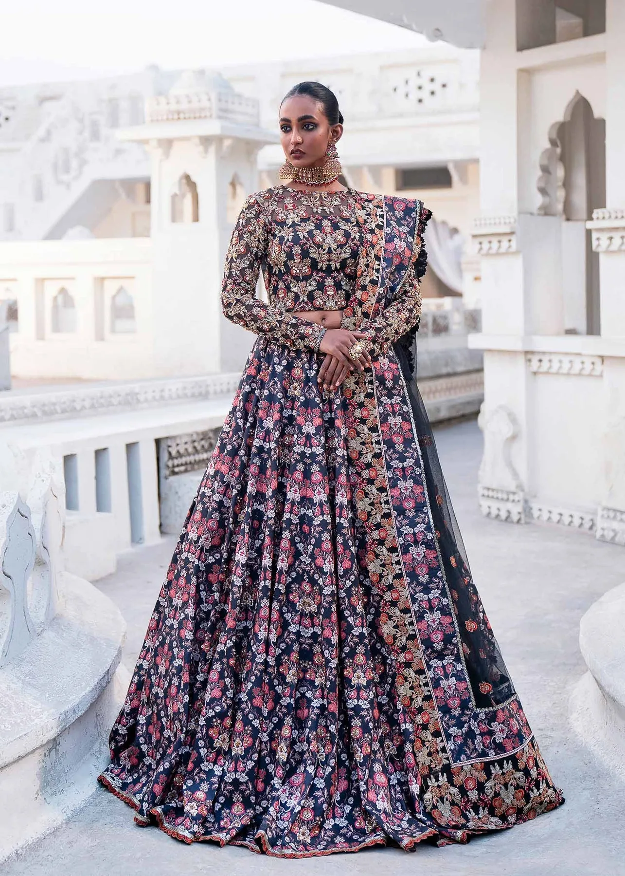 Royal Blue Floral Embroidered Pakistani Wedding Wear Lehenga Choli