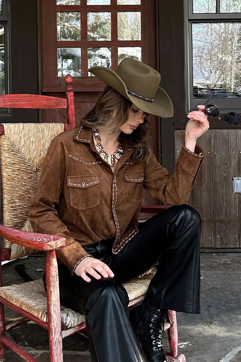 Rustic Pines Brown Suede Button Down Top