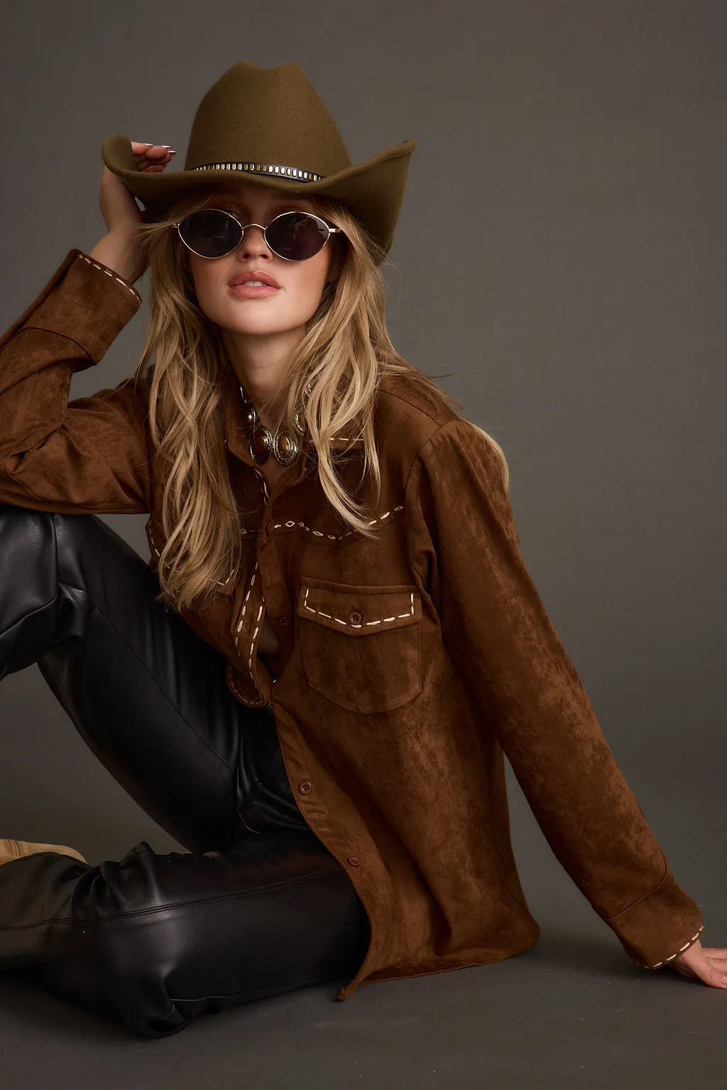 Rustic Pines Brown Suede Button Down Top