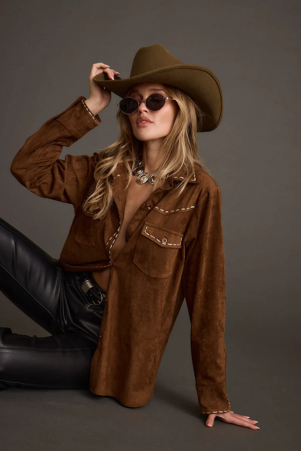 Rustic Pines Brown Suede Button Down Top