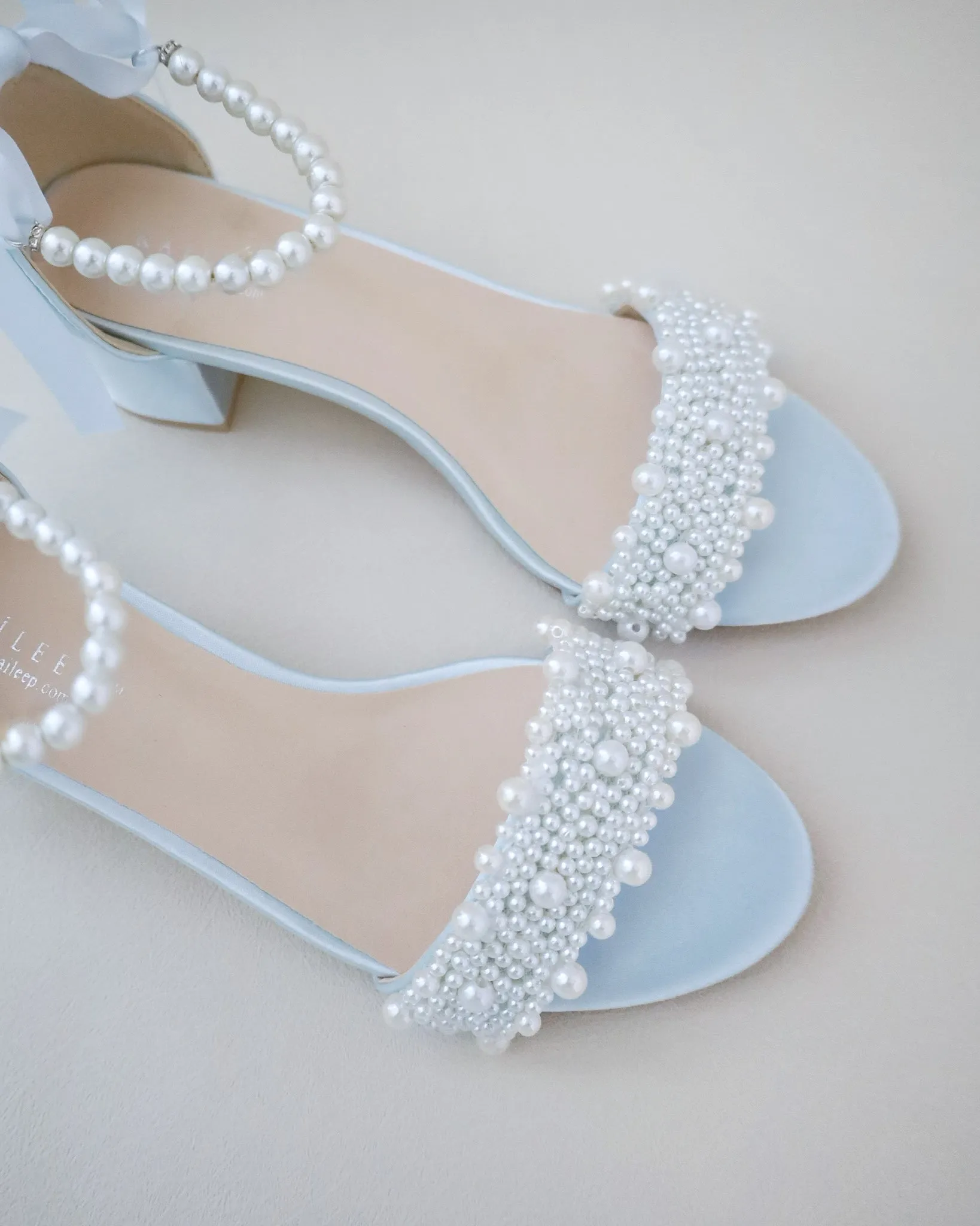 Satin Block Heel Wedding Sandals with Perla Applique and All Pearls Strap