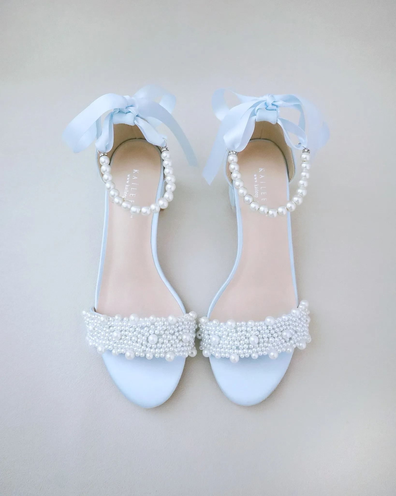 Satin Block Heel Wedding Sandals with Perla Applique and All Pearls Strap