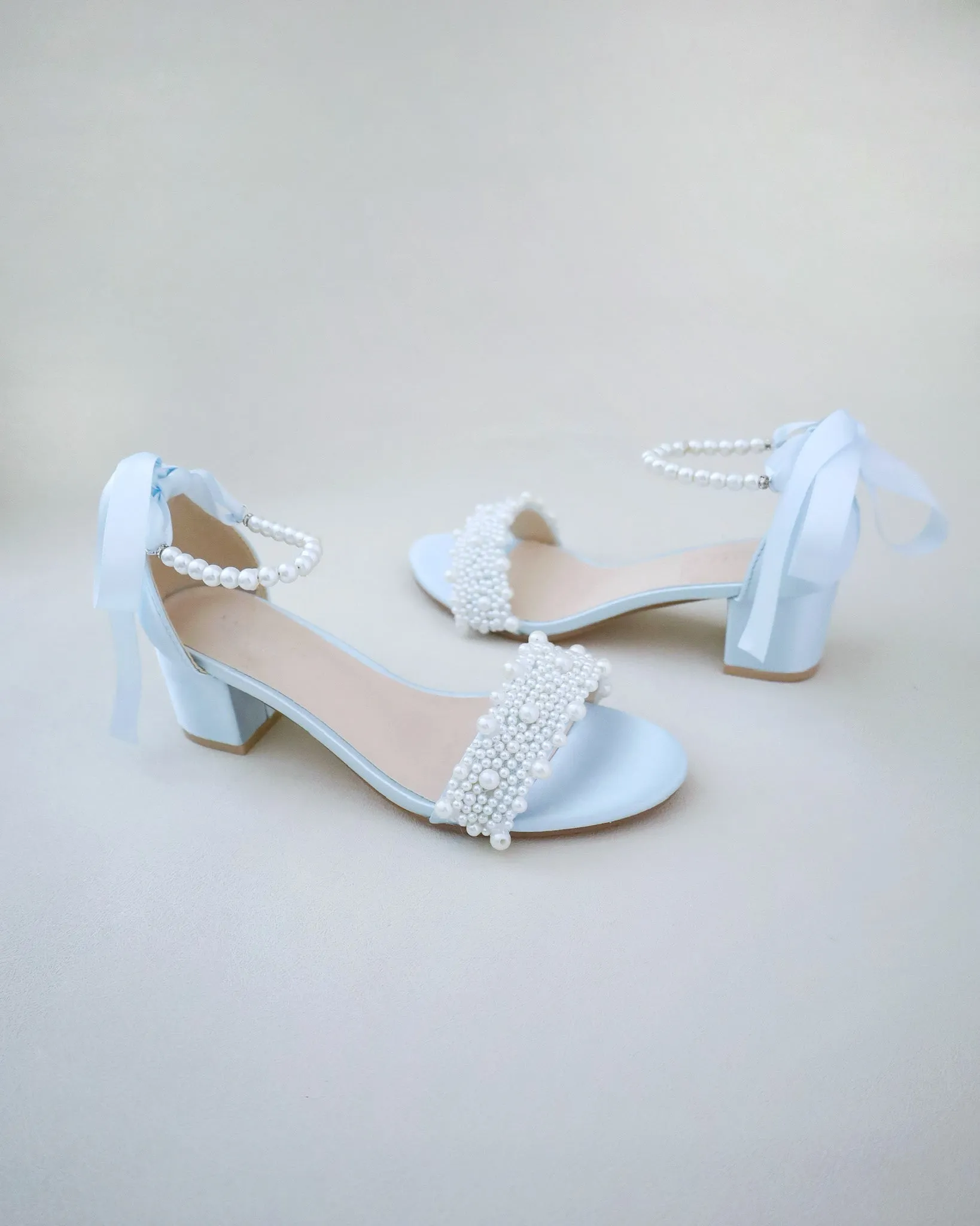 Satin Block Heel Wedding Sandals with Perla Applique and All Pearls Strap