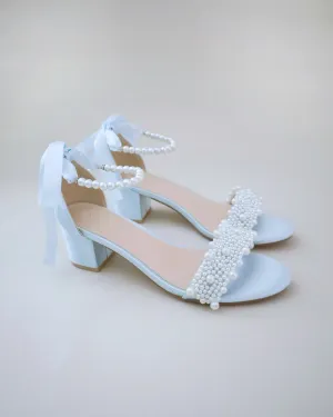Satin Block Heel Wedding Sandals with Perla Applique and All Pearls Strap
