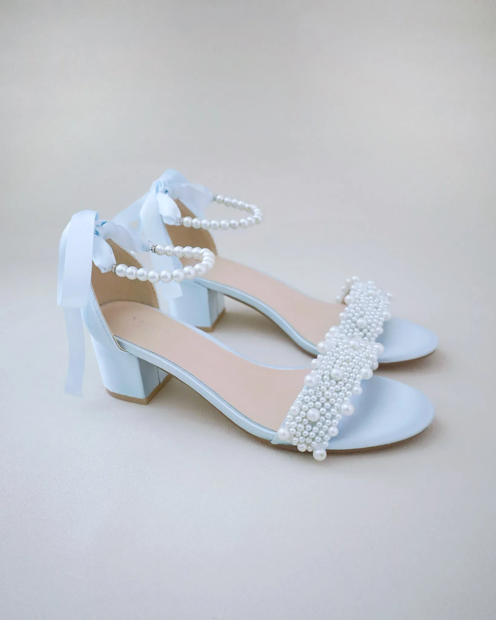Satin Block Heel Wedding Sandals with Perla Applique and All Pearls Strap