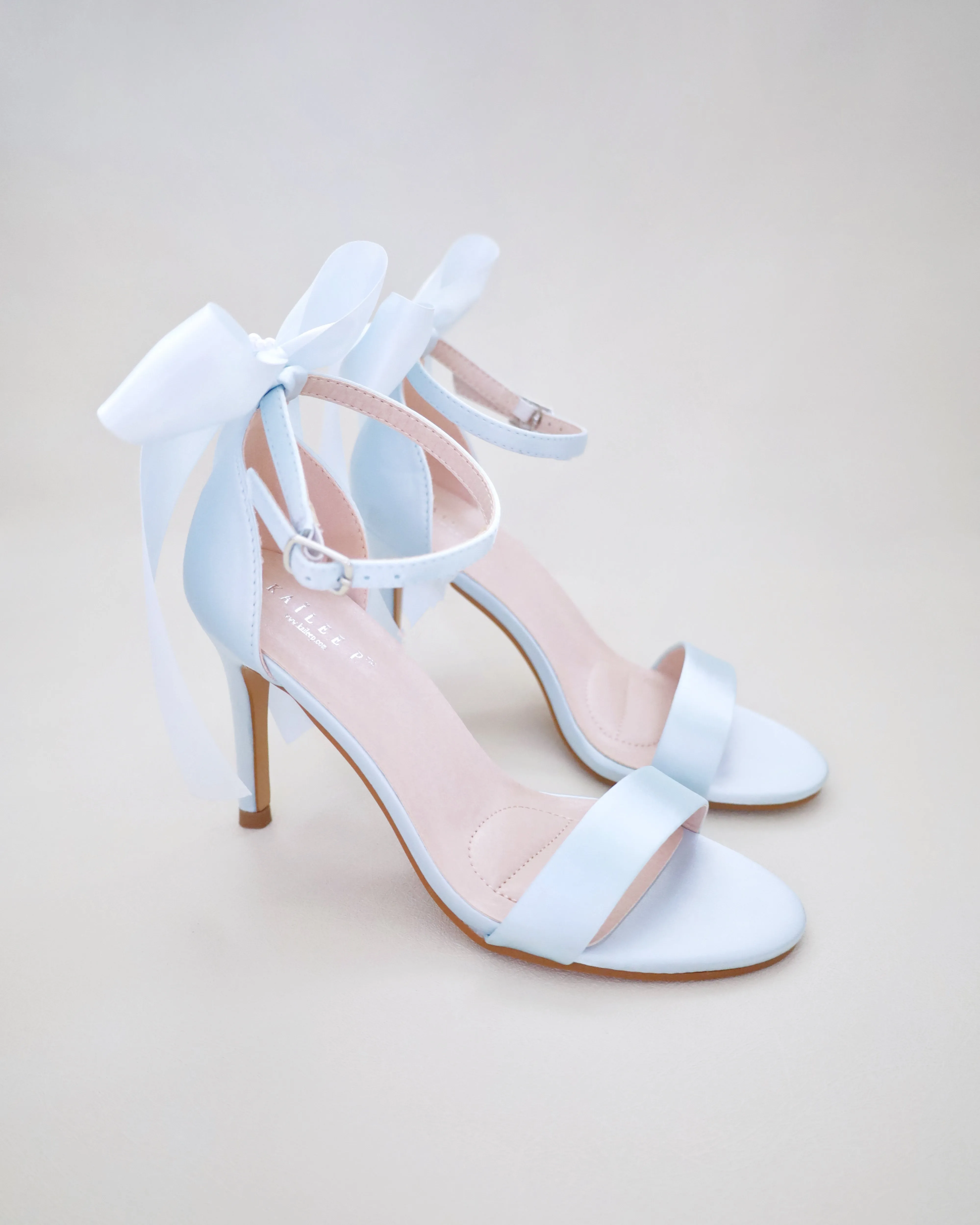 Satin High Heel Wedding Sandals with Satin and Pearls Back Bow