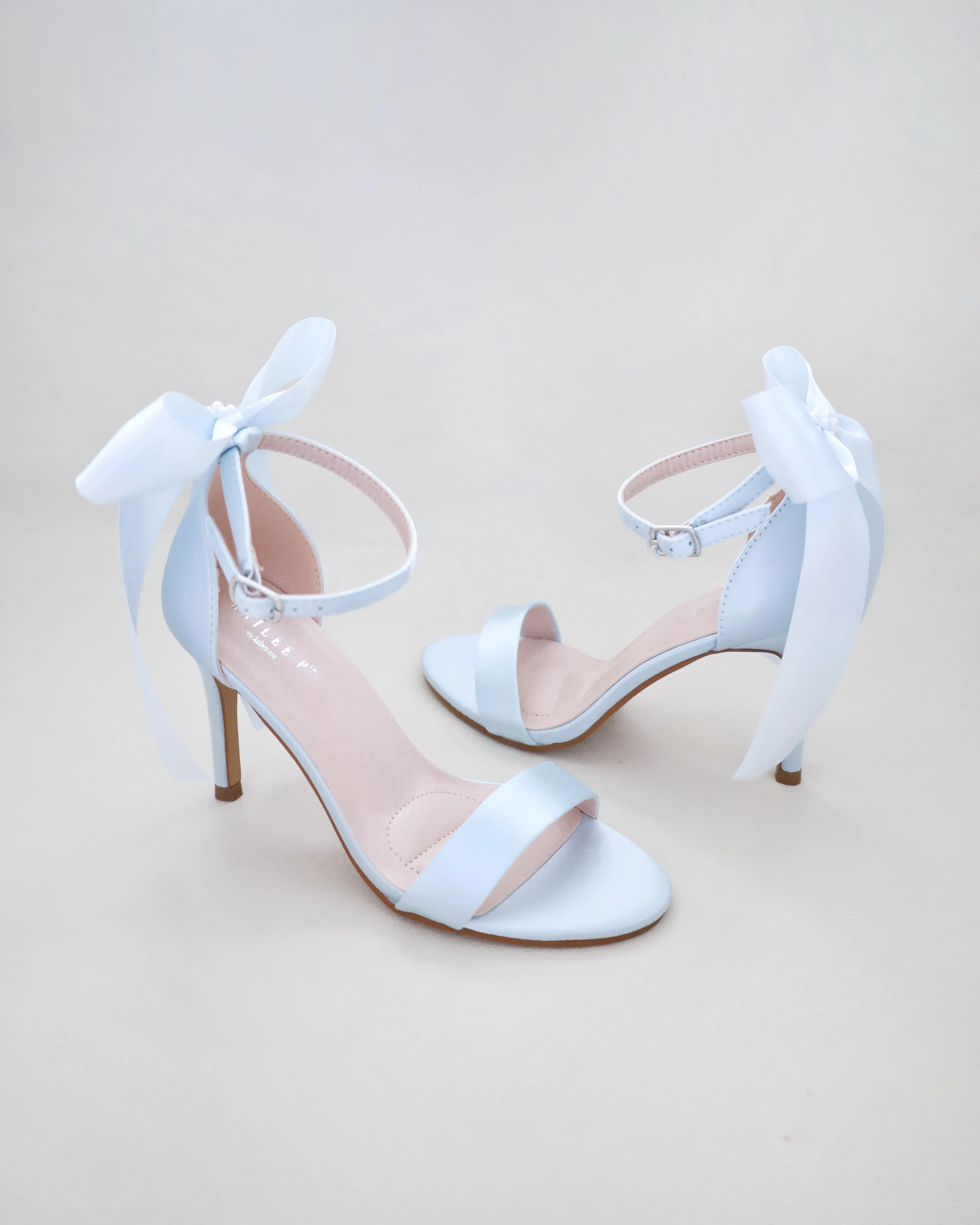 Satin High Heel Wedding Sandals with Satin and Pearls Back Bow
