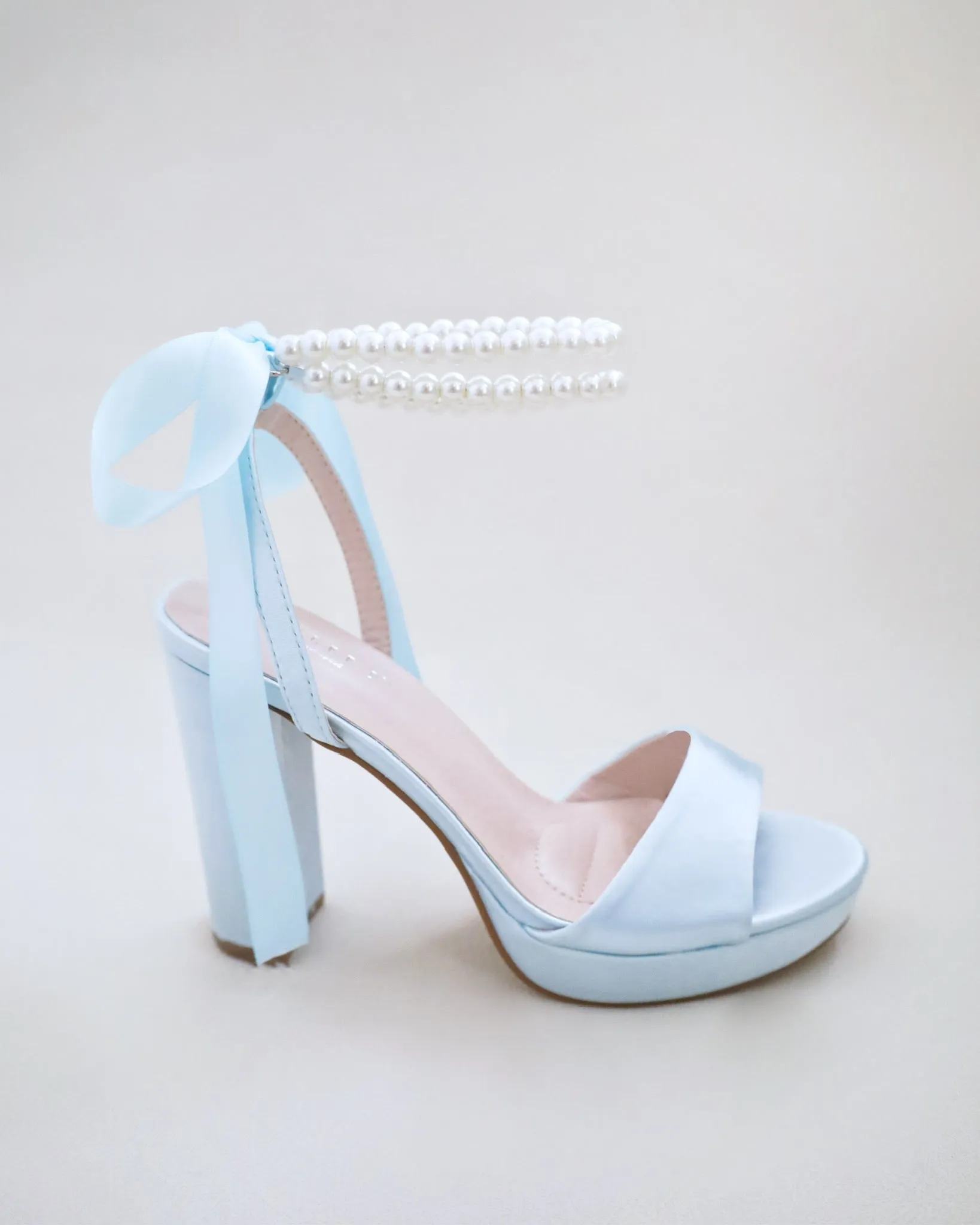 Satin Platform Block Heel Wedding Sandals with Double Pearls Ankle Strap