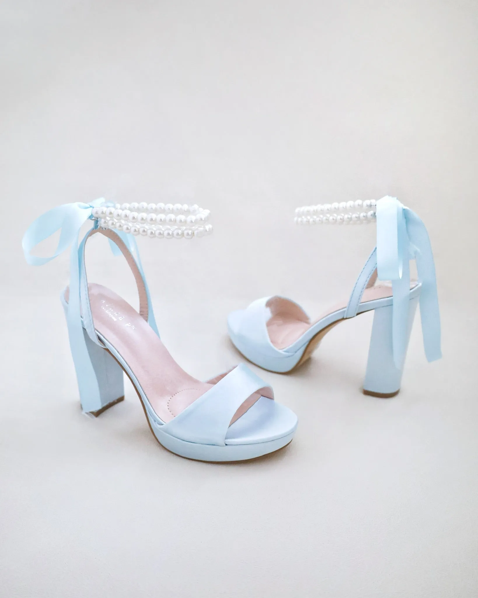 Satin Platform Block Heel Wedding Sandals with Double Pearls Ankle Strap