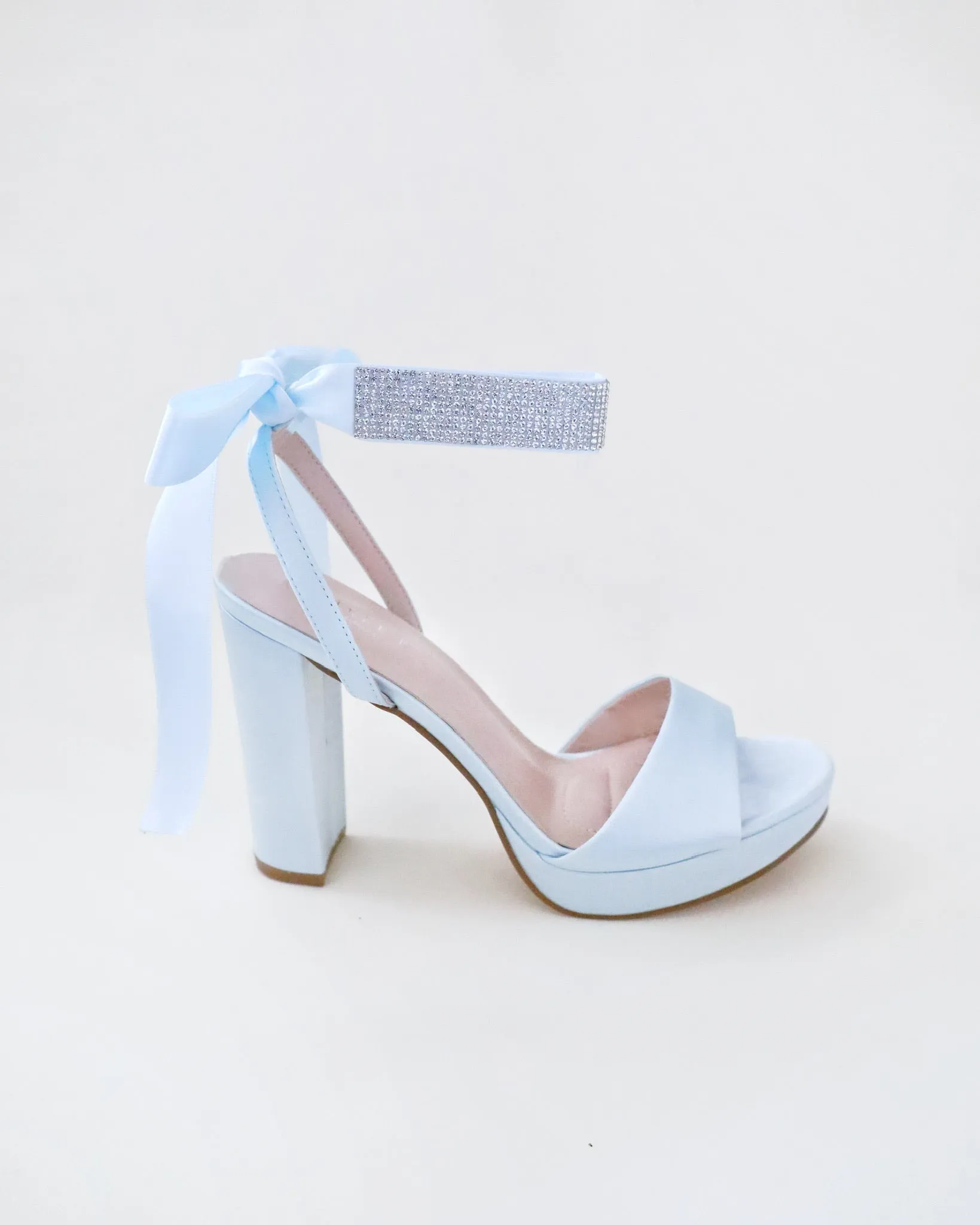 Satin Platform Block Heel Wedding Sandals with Rhinestones Strap