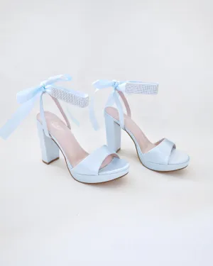 Satin Platform Block Heel Wedding Sandals with Rhinestones Strap