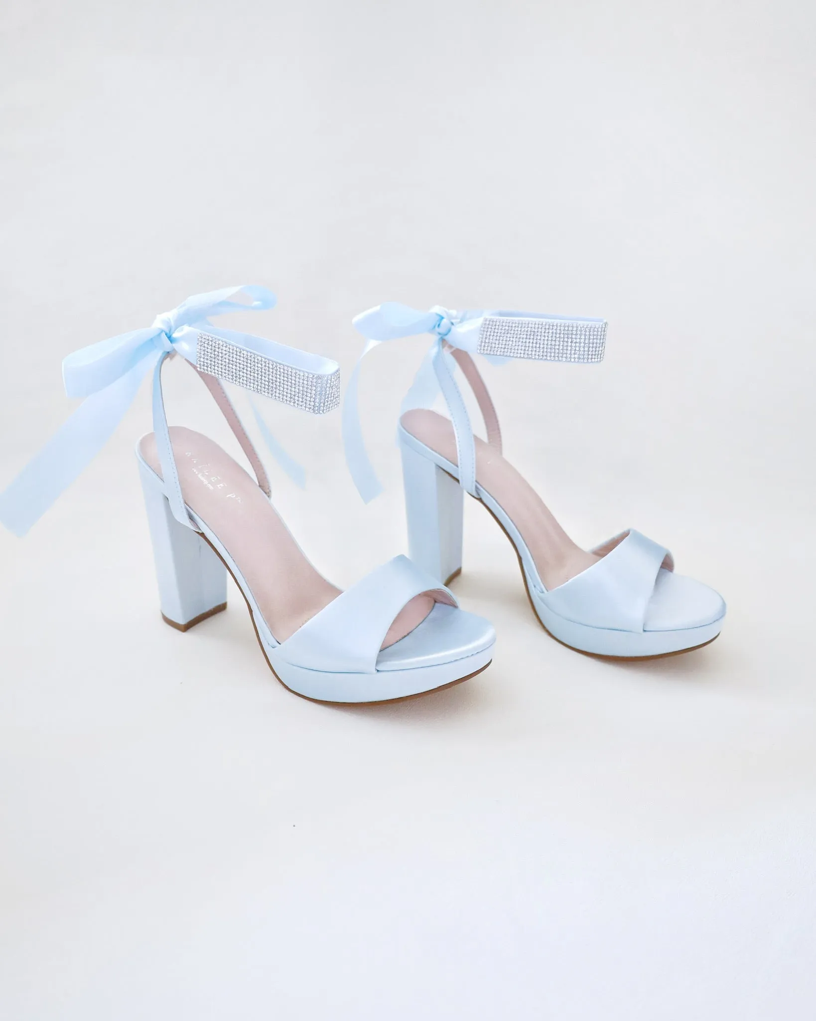 Satin Platform Block Heel Wedding Sandals with Rhinestones Strap