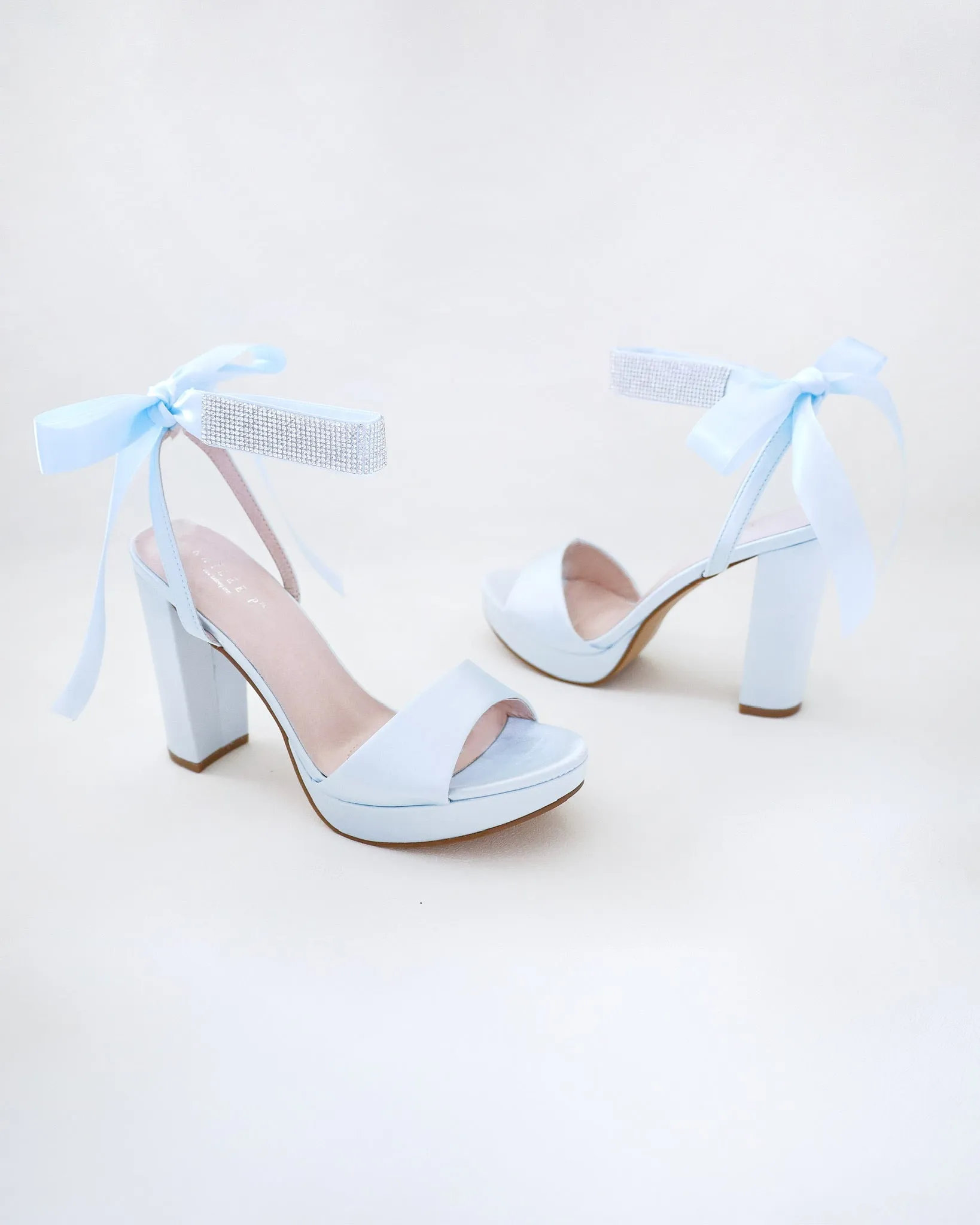 Satin Platform Block Heel Wedding Sandals with Rhinestones Strap