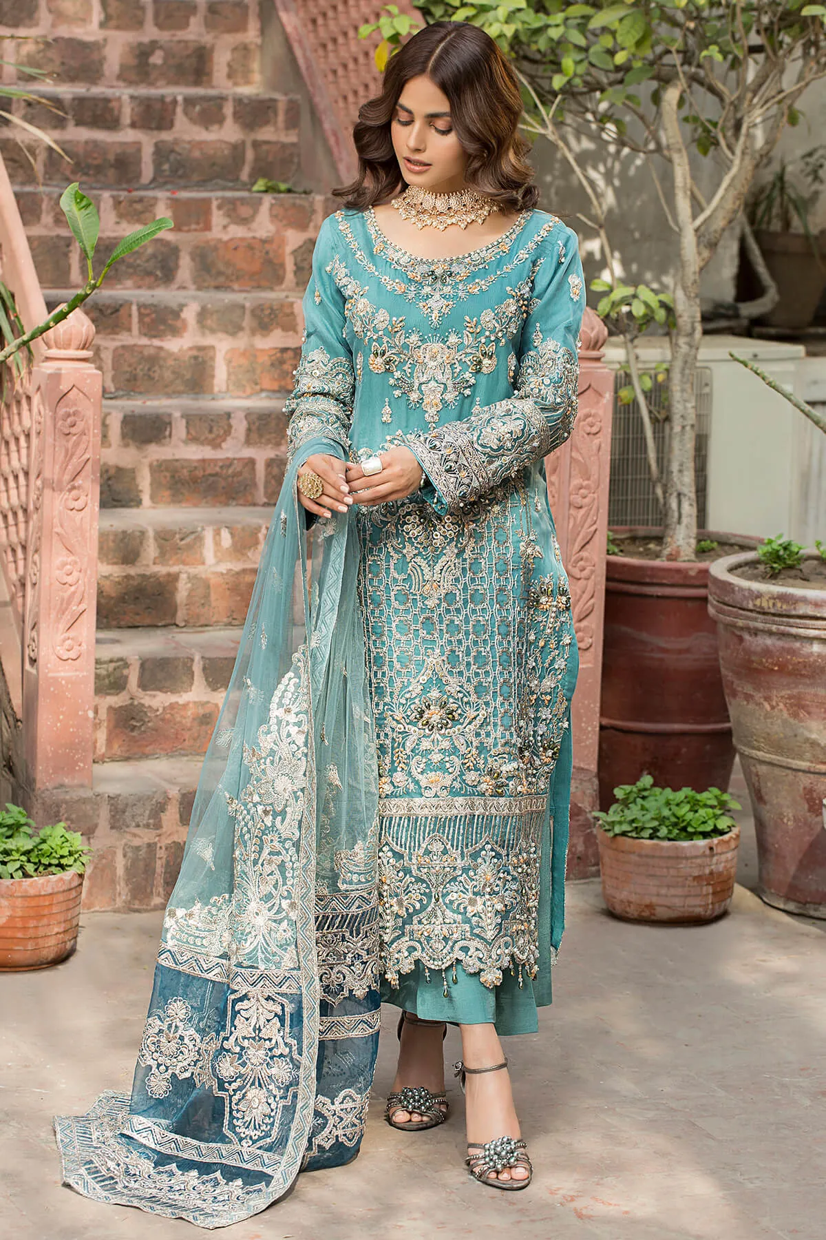 Sea Green Hand Embellished Pakistani Kameez Capri Party Dress