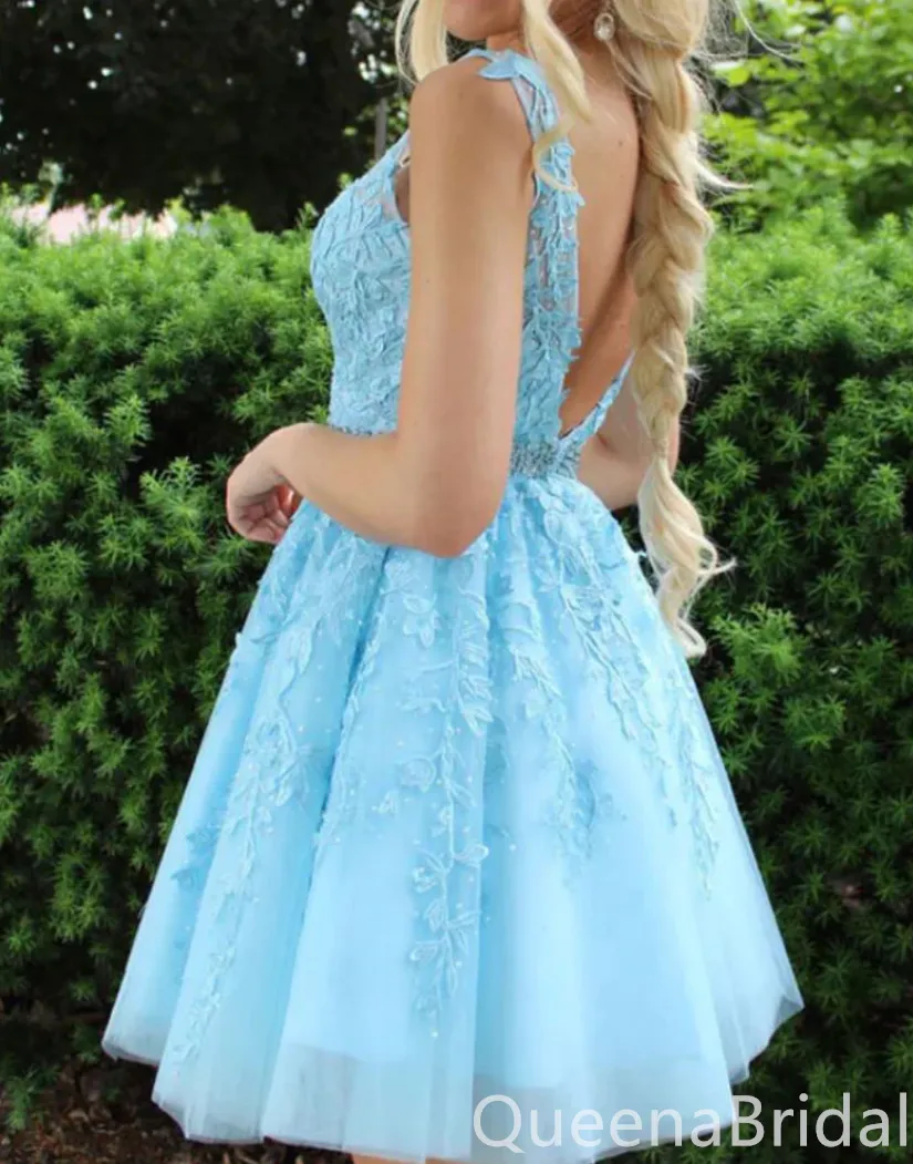 Sexy Beading Elegant Sky Blue Plunging A-line Leaf Appliques Tulle Short Homecoming Dresses with Pleats, QB0604