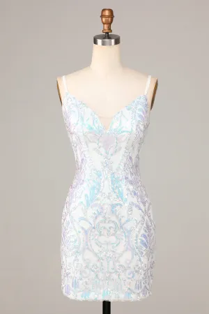 Sheath Spaghetti Straps White Sequins Short Homecoming Dress