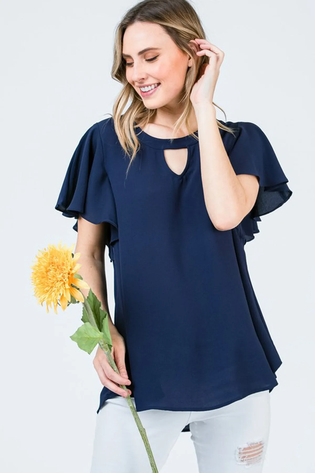 Short-Sleeve Crepe Top with Keyholes and Tiered Flowy Sleeves
