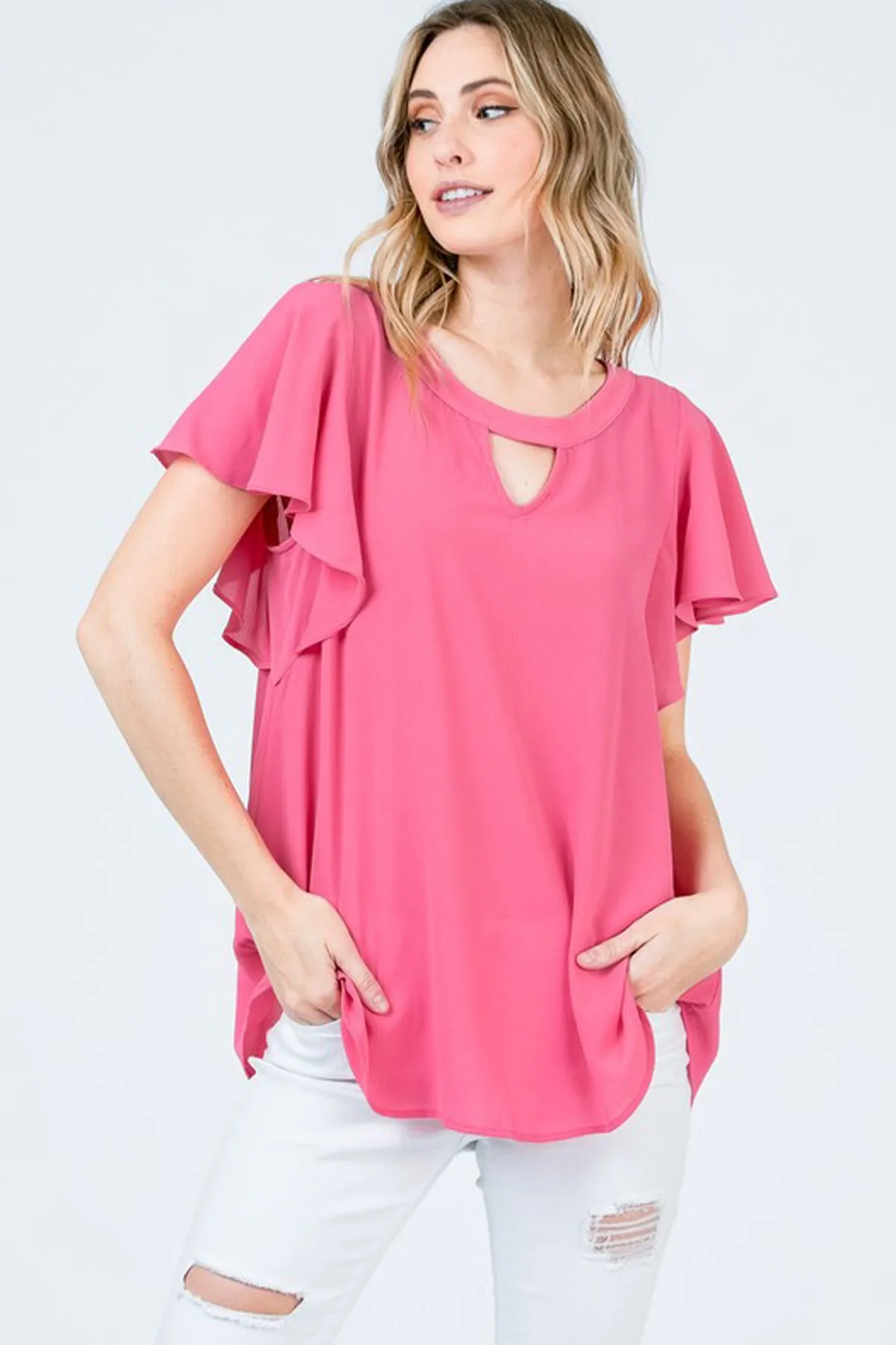 Short-Sleeve Crepe Top with Keyholes and Tiered Flowy Sleeves
