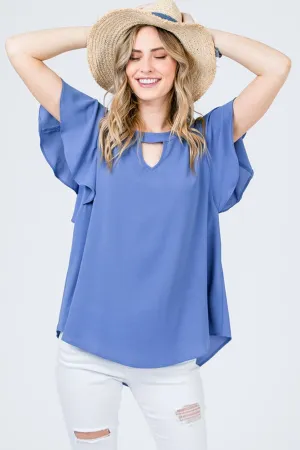 Short-Sleeve Crepe Top with Keyholes and Tiered Flowy Sleeves