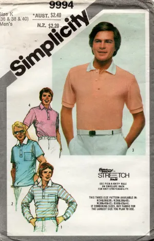 Simplicity 9994 Mens Stretch Knit Golf Rugby Shirts 1980s Vintage Sewing Pattern Chest 36 - 40 inches