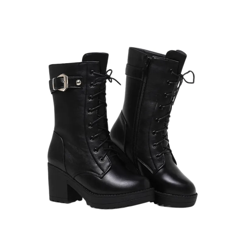 Snow Boots Women High-Heeled Leather
