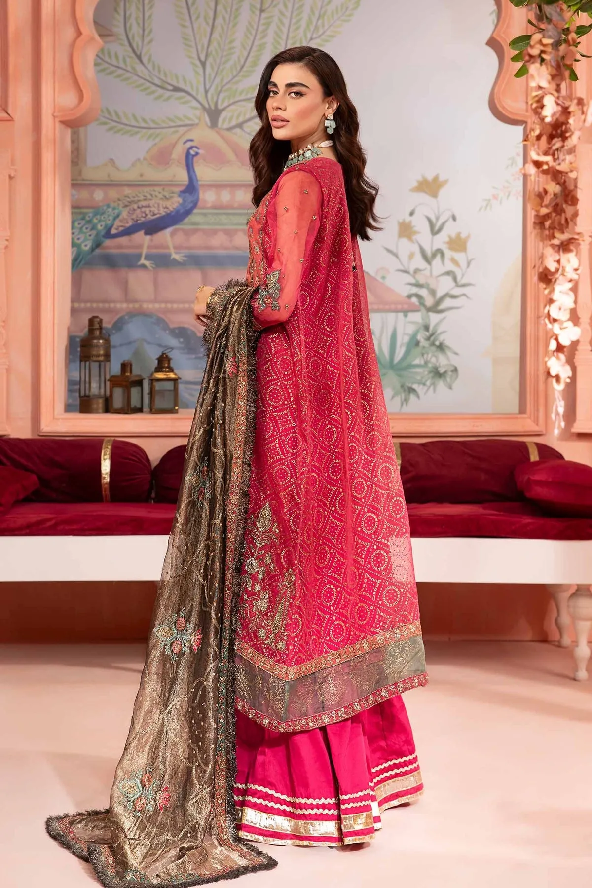 Socking Pink Shade Embroidered Pakistani Party Wear Sharara Frock