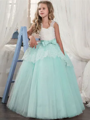 Soft Pink Kids Dress Lace Bows A-line Girls Pageant Dress