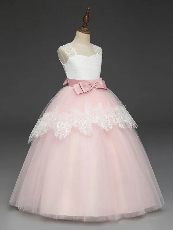 Soft Pink Kids Dress Lace Bows A-line Girls Pageant Dress