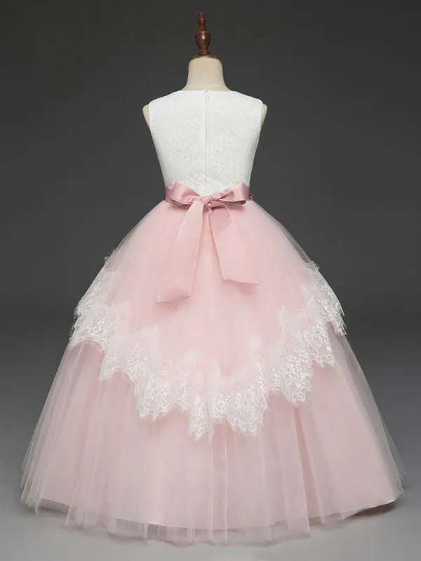 Soft Pink Kids Dress Lace Bows A-line Girls Pageant Dress