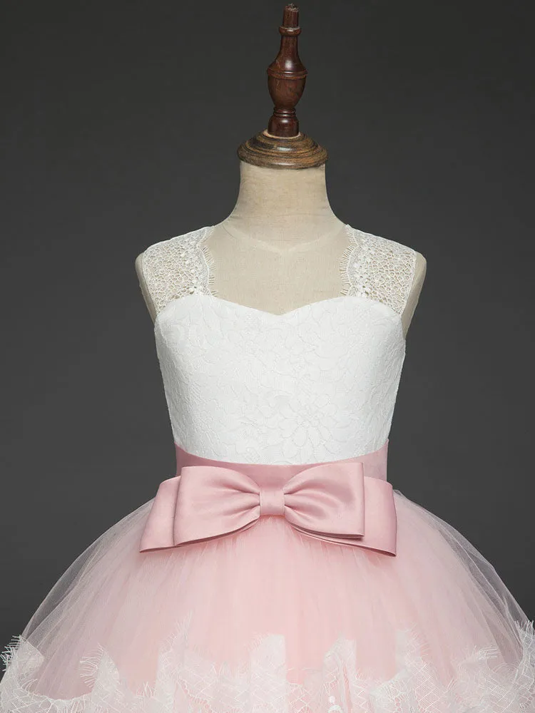 Soft Pink Kids Dress Lace Bows A-line Girls Pageant Dress
