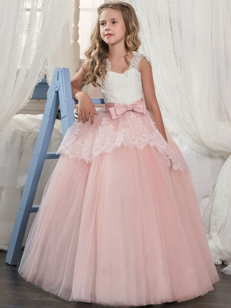 Soft Pink Kids Dress Lace Bows A-line Girls Pageant Dress