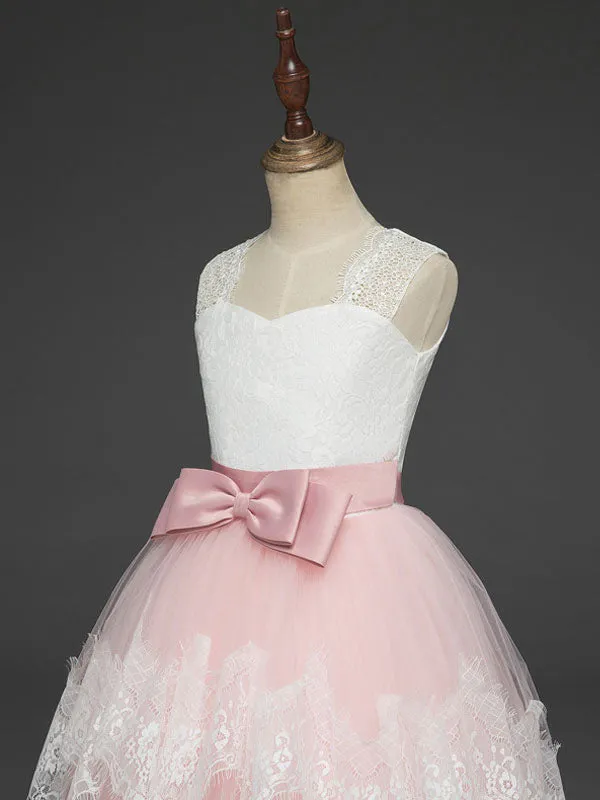 Soft Pink Kids Dress Lace Bows A-line Girls Pageant Dress
