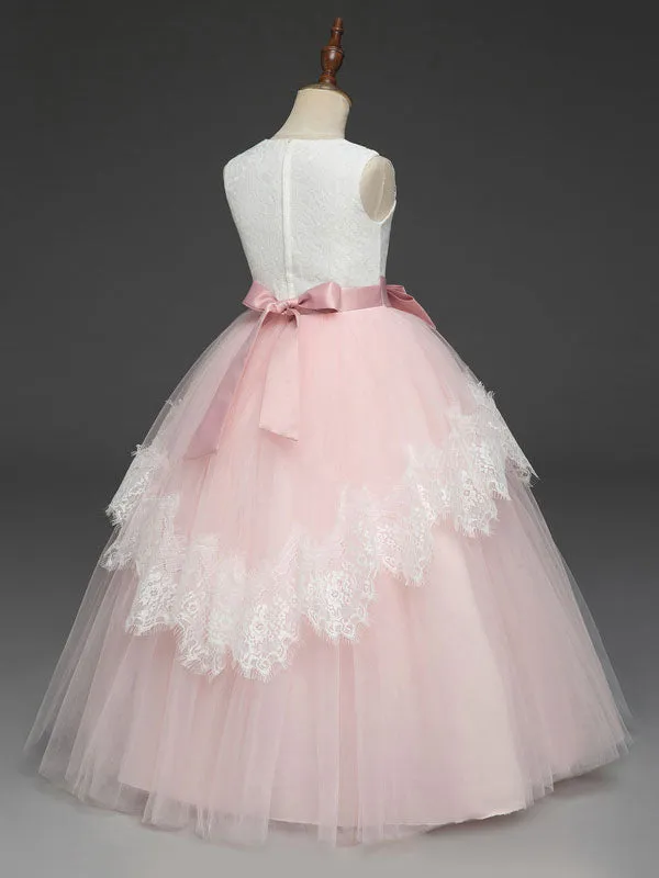 Soft Pink Kids Dress Lace Bows A-line Girls Pageant Dress
