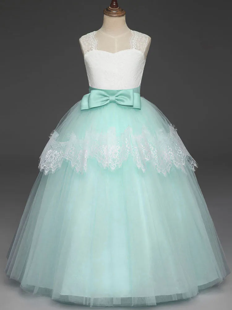 Soft Pink Kids Dress Lace Bows A-line Girls Pageant Dress