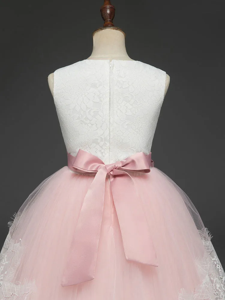 Soft Pink Kids Dress Lace Bows A-line Girls Pageant Dress