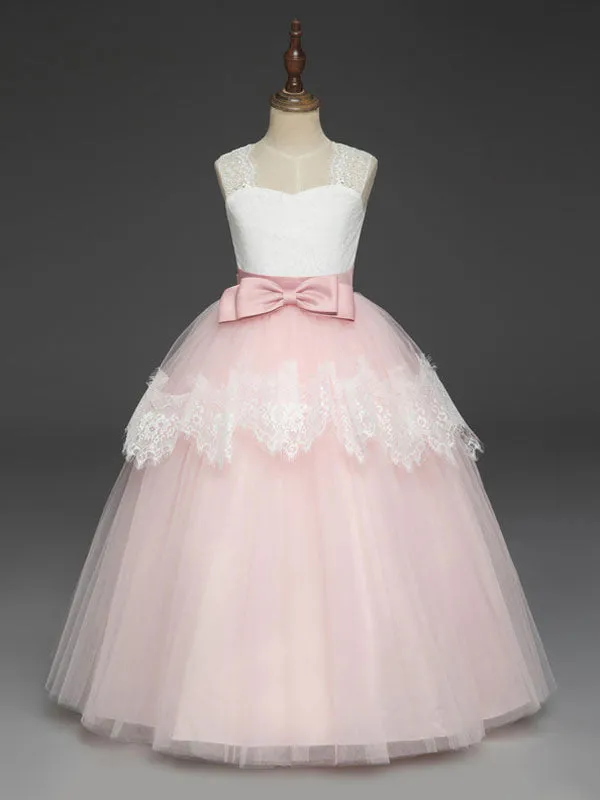 Soft Pink Kids Dress Lace Bows A-line Girls Pageant Dress