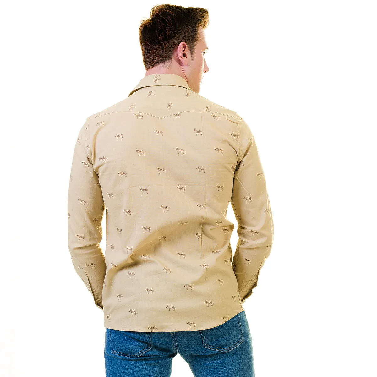 Solid Tan Safari Mens Slim Fit Designer Dress Shirt - tailored Cotton