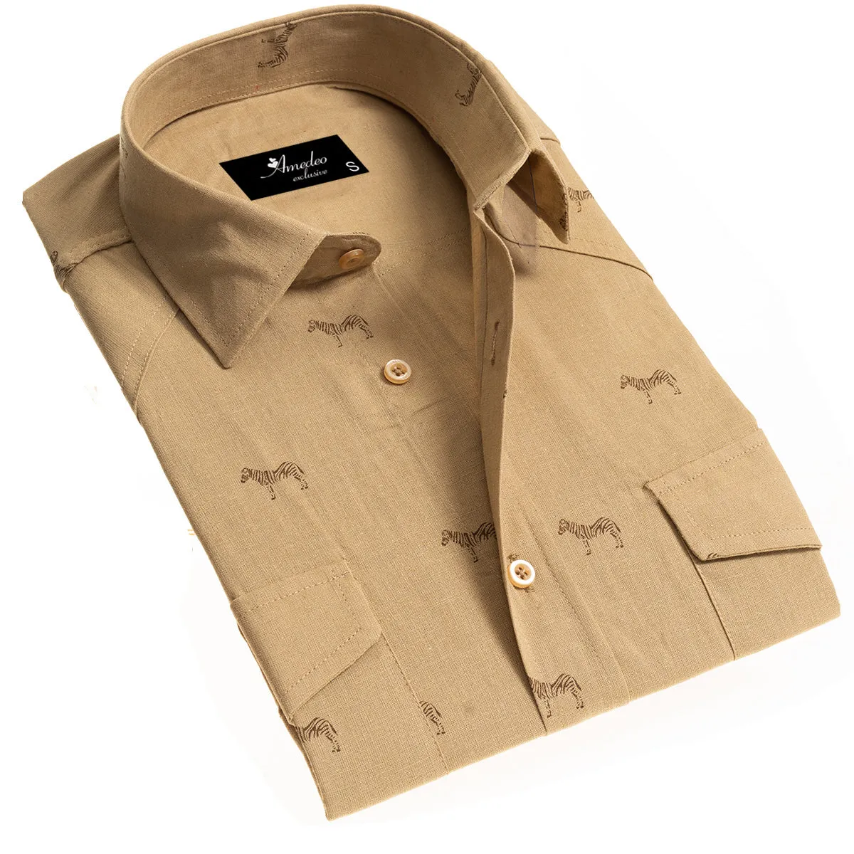 Solid Tan Safari Mens Slim Fit Designer Dress Shirt - tailored Cotton