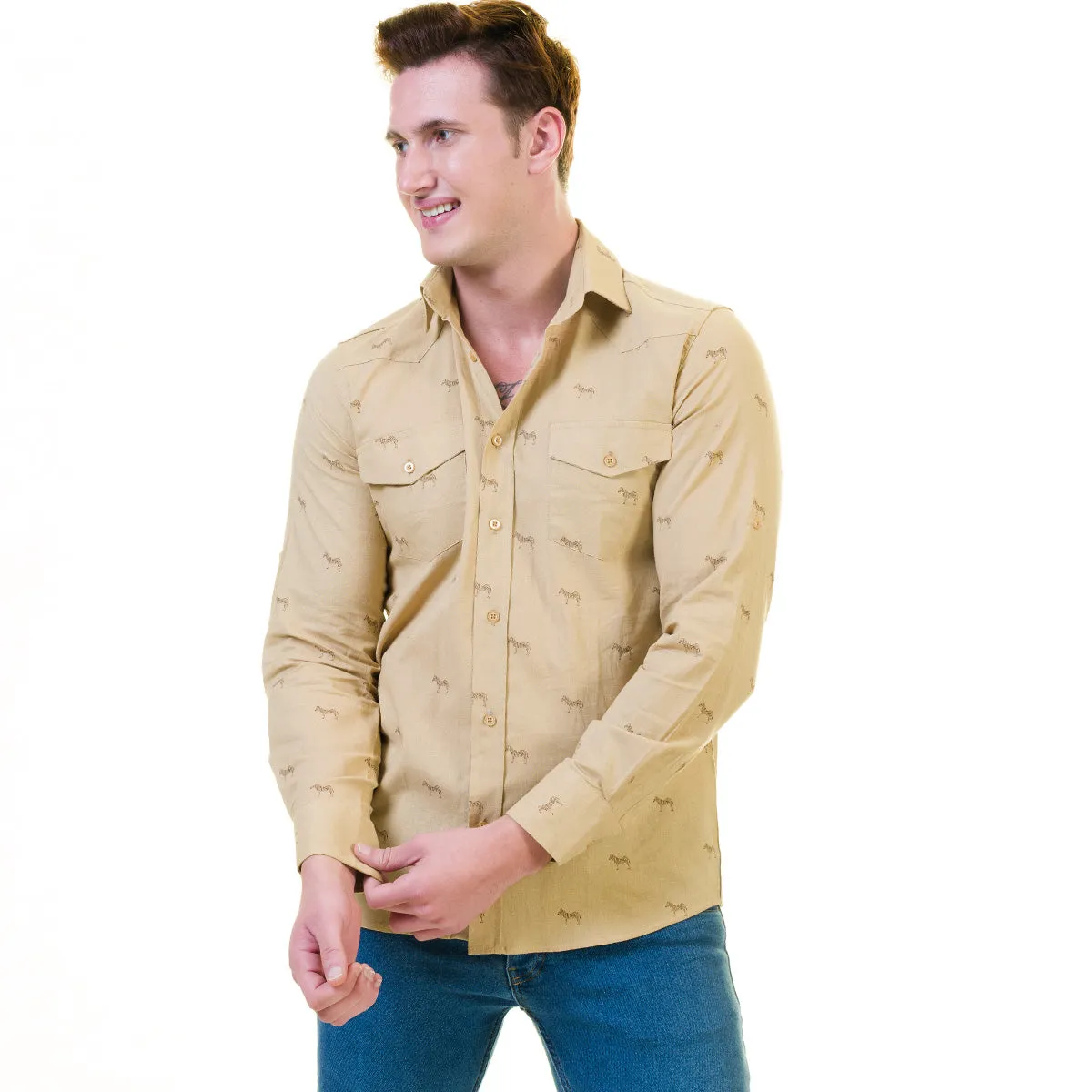 Solid Tan Safari Mens Slim Fit Designer Dress Shirt - tailored Cotton