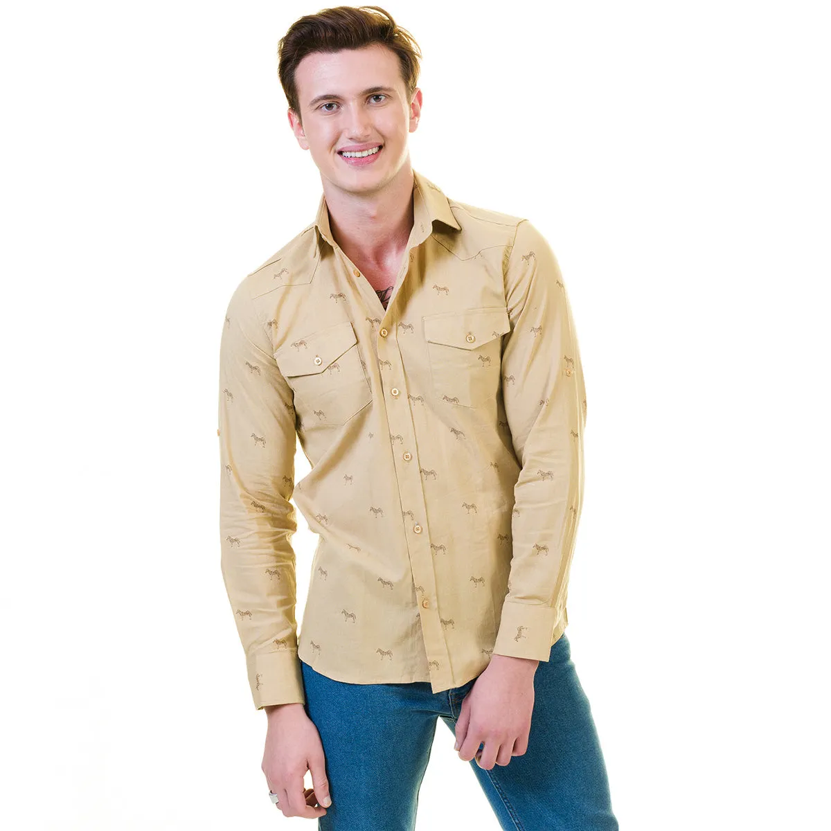 Solid Tan Safari Mens Slim Fit Designer Dress Shirt - tailored Cotton