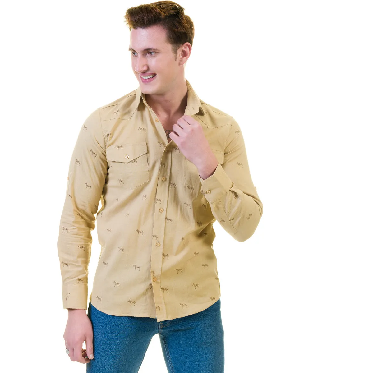 Solid Tan Safari Mens Slim Fit Designer Dress Shirt - tailored Cotton