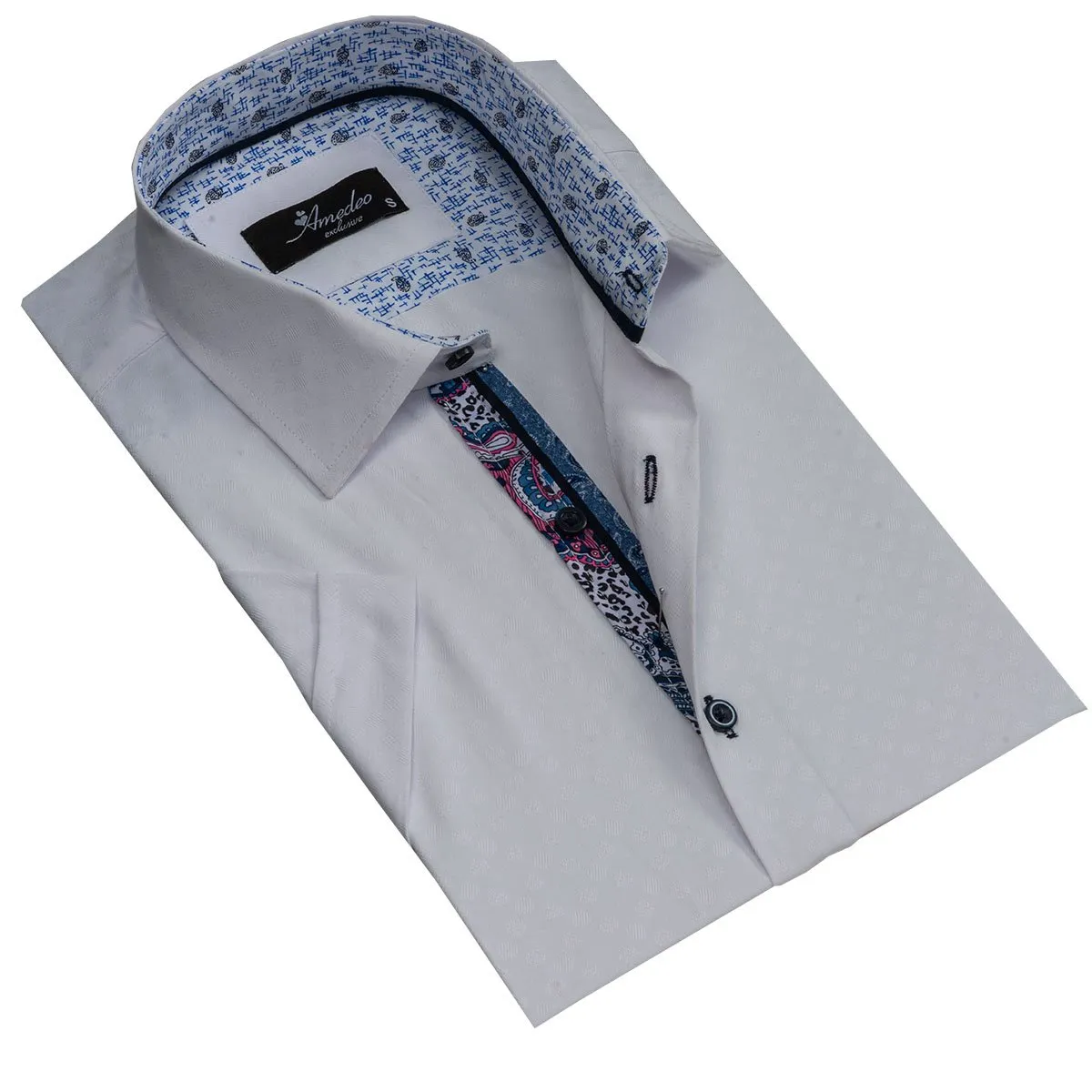 Solid White Mens Short Sleeve Button up Shirts - Tailored Slim Fit Cotton Dress Shirts