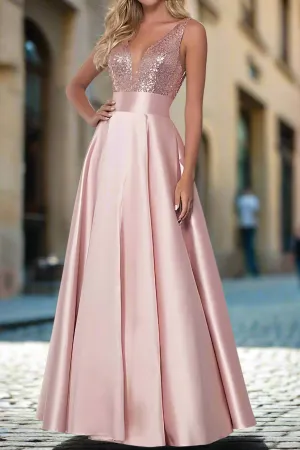 Sparkle V Neck Sequin Sleeveless A-Line Floor Length Party Dresses