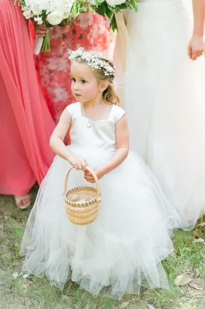 Square Neck Floor Length Ivory Flower Girl Dress Tulle