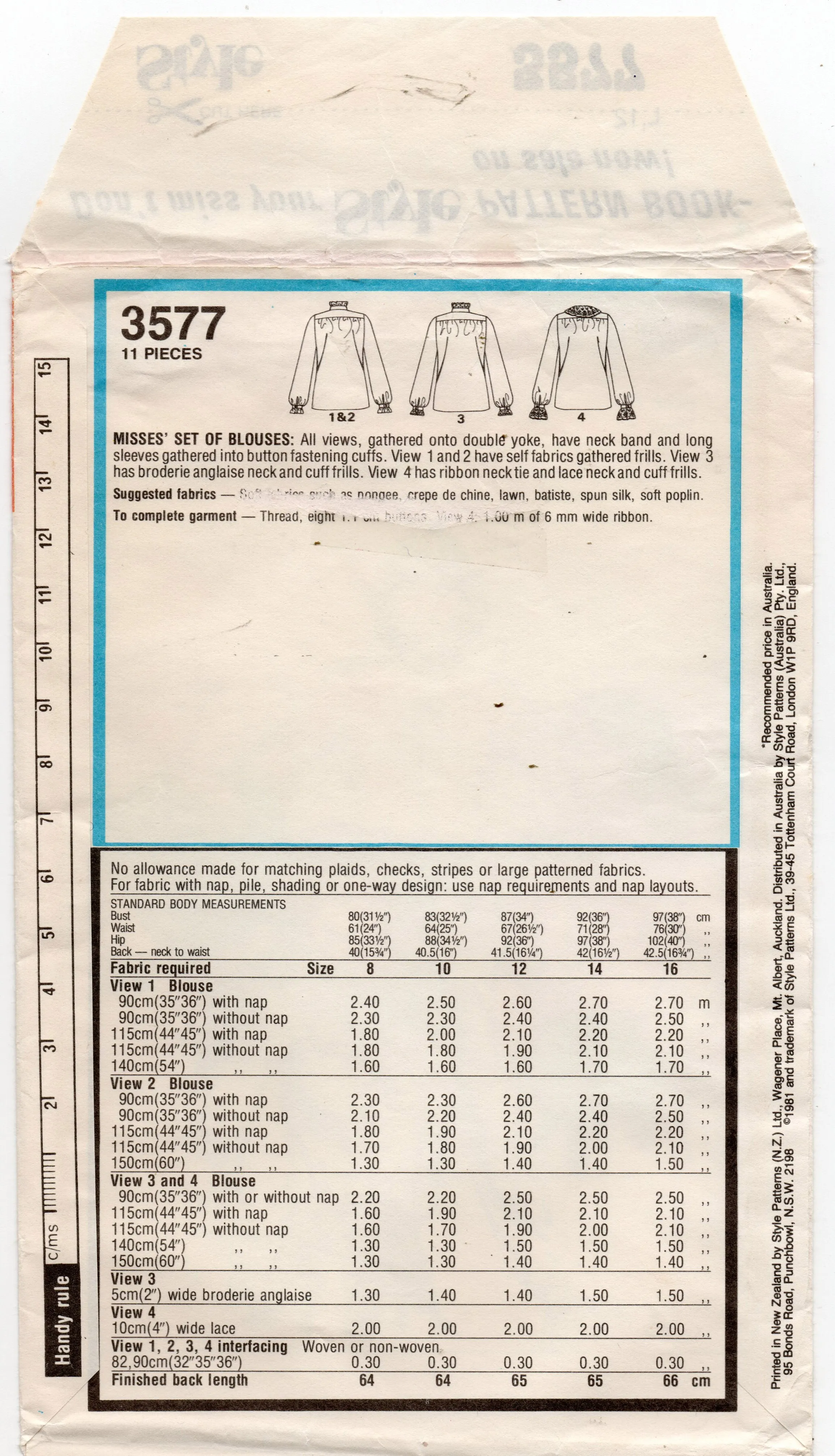 Style 3577 Womens Romantic Ruffled Blouses 1980s Vintage Sewing Pattern Size 8