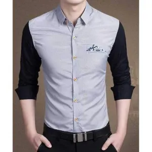 Stylish Shirt Collar Color Block Tiny Checked Splicing Slimming Long Sleeve Cotton Blend Button-Down Shirt For Men - White L