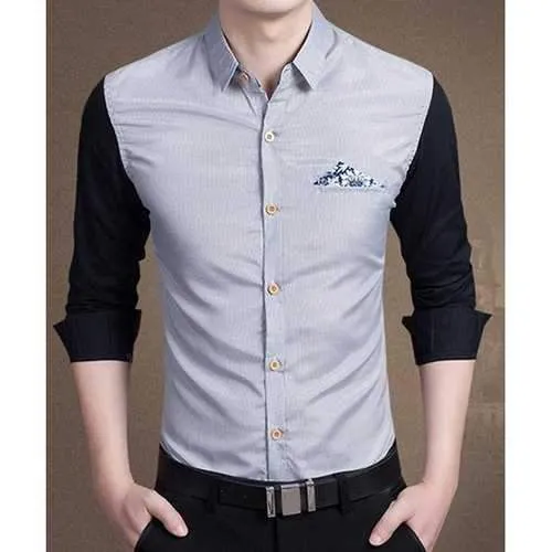 Stylish Shirt Collar Color Block Tiny Checked Splicing Slimming Long Sleeve Cotton Blend Button-Down Shirt For Men - White L