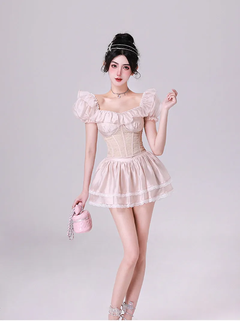 Summer Fairy Sweet Lace Top Skirt Wasit Band Set