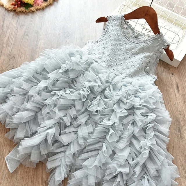 Summer Toddler Girls Lace Cake Dress Kids Sleeveless Floral Mesh Wedding Dresses Children Clothing For Baby Girls 3 to 8 Years