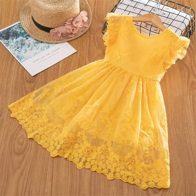Summer Toddler Girls Lace Cake Dress Kids Sleeveless Floral Mesh Wedding Dresses Children Clothing For Baby Girls 3 to 8 Years
